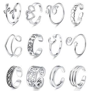 14K White Gold Adjustable Boho Open Toe Rings - Set of 12